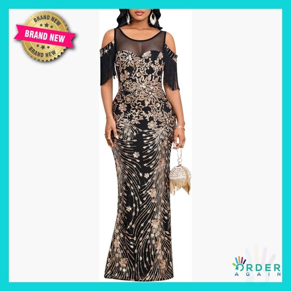 Sequin Mermaid Formal Gown One Shoulder Tassel Sleeve Maxi Dress Elegant
